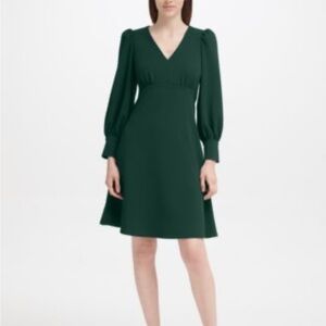 Calvin Klein Green Dress 12 Long Puff Sleeve Stretch Crepe Fit & Flare Office